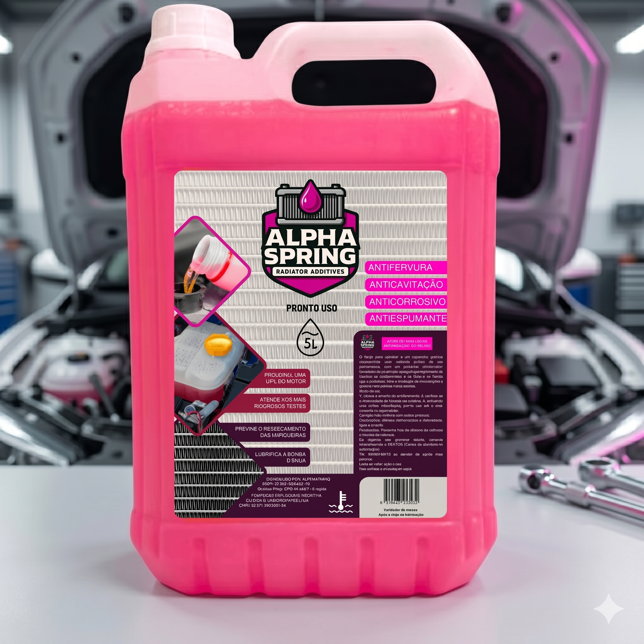 Galao de aditivo pronto uso rosa Alpha Spring em oficina automotiva