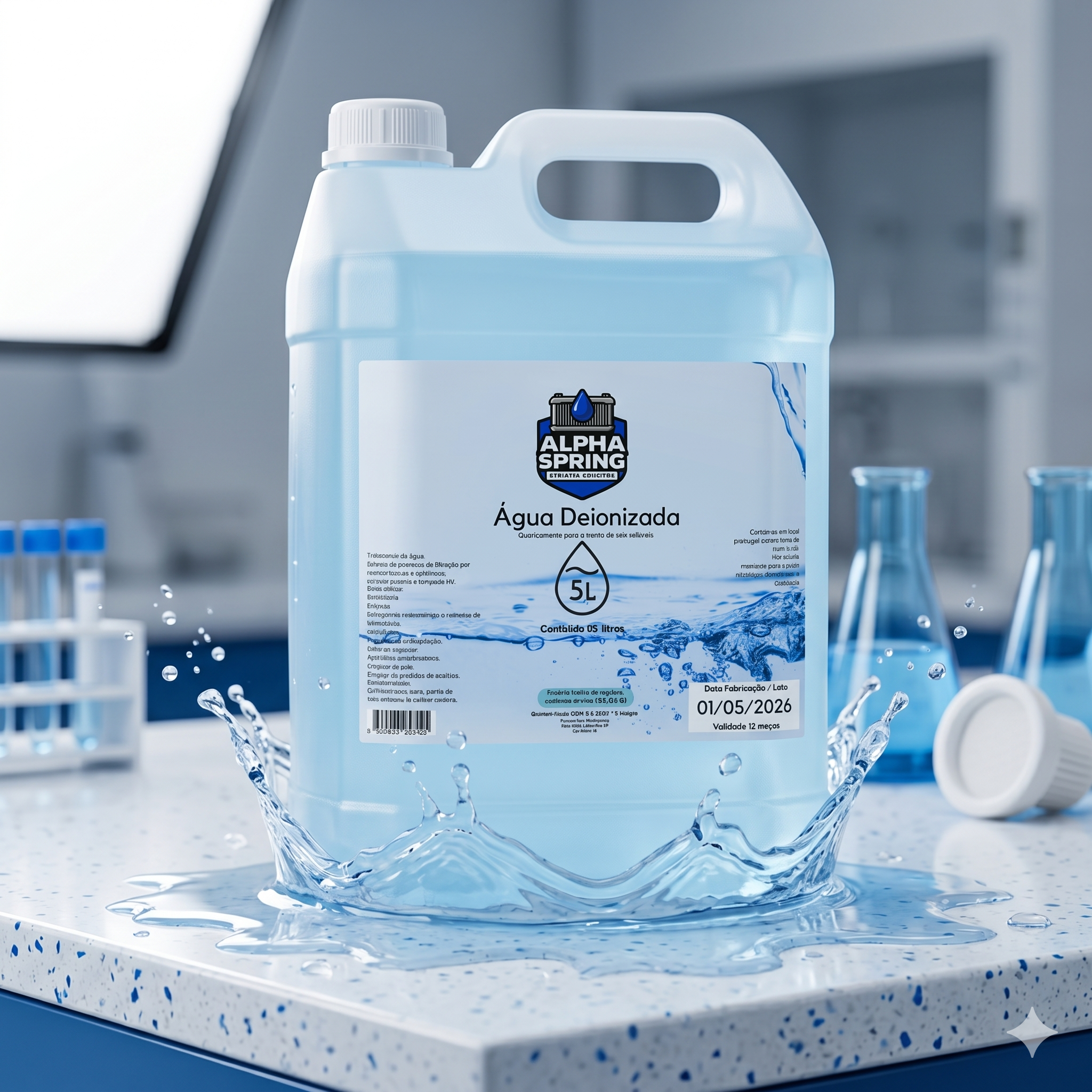 Galao de agua deionizada Alpha Spring em bancada de laboratorio